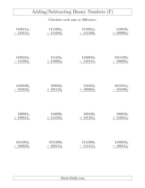 The Adding and Subtracting Binary Numbers (Base 2) (F) Math Worksheet