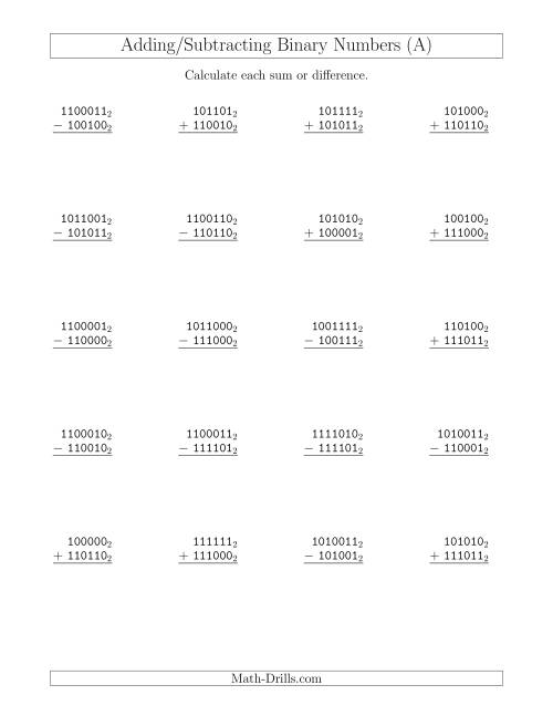 The Adding and Subtracting Binary Numbers (Base 2) (All) Math Worksheet