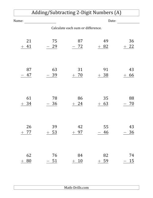 The 2-Digit Plus/Minus 2-Digit Addition and Subtraction with SOME Regrouping (A) Math Worksheet