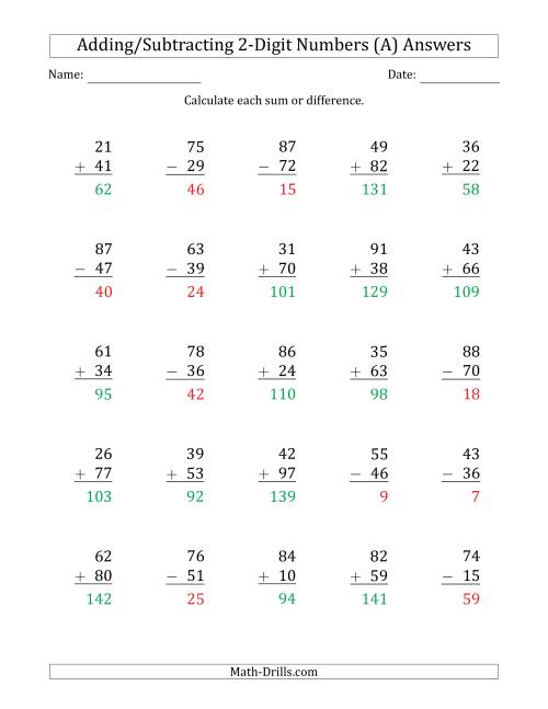 The 2-Digit Plus/Minus 2-Digit Addition and Subtraction with SOME Regrouping (A) Math Worksheet Page 2