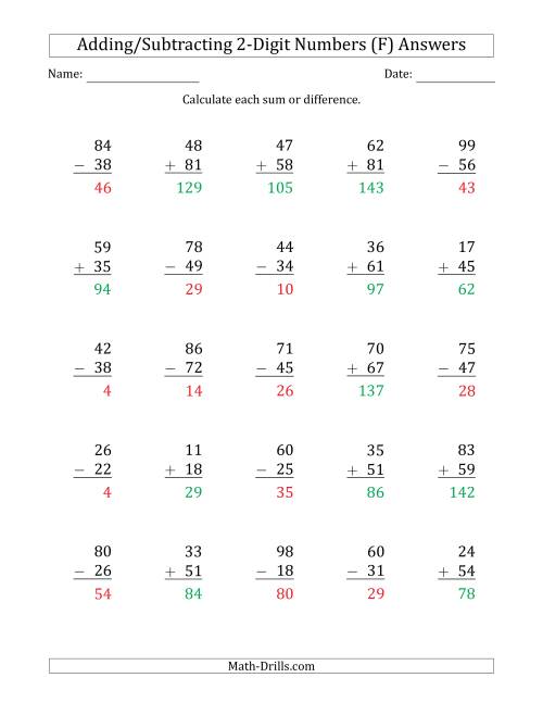 The 2-Digit Plus/Minus 2-Digit Addition and Subtraction with SOME Regrouping (F) Math Worksheet Page 2