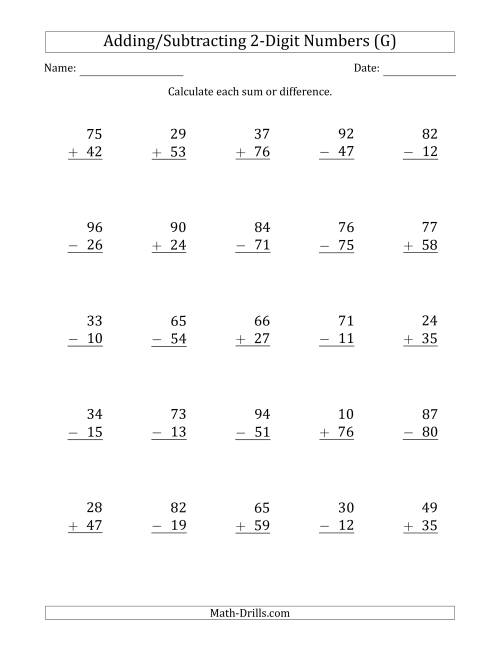 The 2-Digit Plus/Minus 2-Digit Addition and Subtraction with SOME Regrouping (G) Math Worksheet