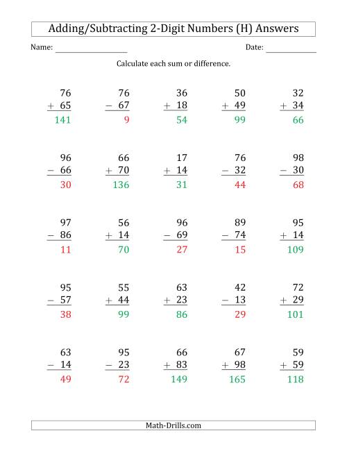 The 2-Digit Plus/Minus 2-Digit Addition and Subtraction with SOME Regrouping (H) Math Worksheet Page 2