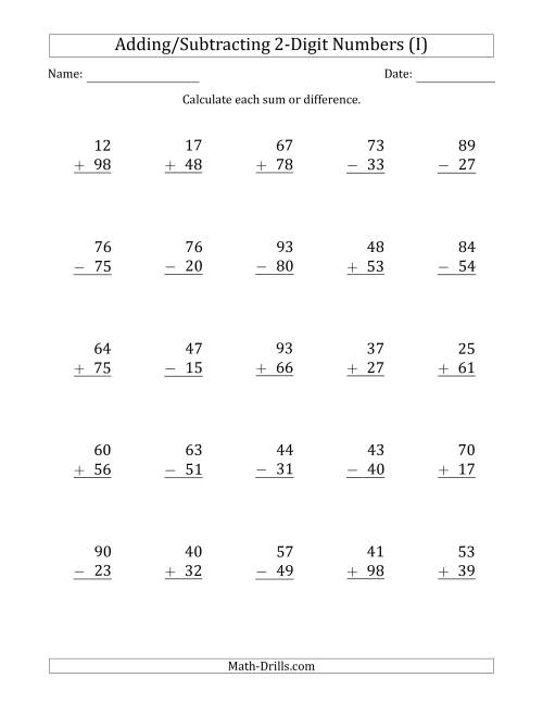 The 2-Digit Plus/Minus 2-Digit Addition and Subtraction with SOME Regrouping (I) Math Worksheet