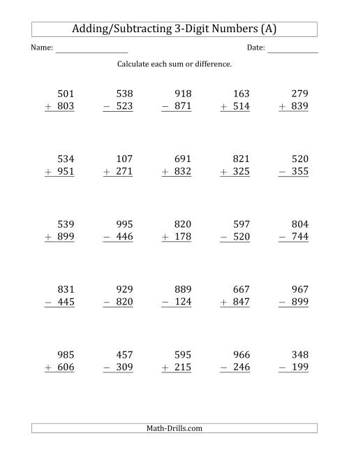Addition And Subtraction 3 Digit Numbers Worksheets