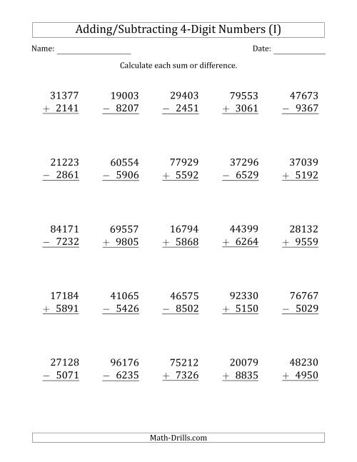 The 5-Digit Plus/Minus 4-Digit Addition and Subtraction with SOME Regrouping (I) Math Worksheet