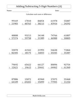 5-Digit Plus/Minus 5-Digit Addition and Subtraction with SOME Regrouping