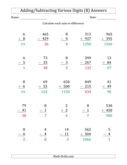 The Various 1-Digit Plus/Minus 1-Digit to 3-Digit Plus/Minus 3-Digit Addition and Subtraction with SOME Regrouping (B) Math Worksheet Page 2