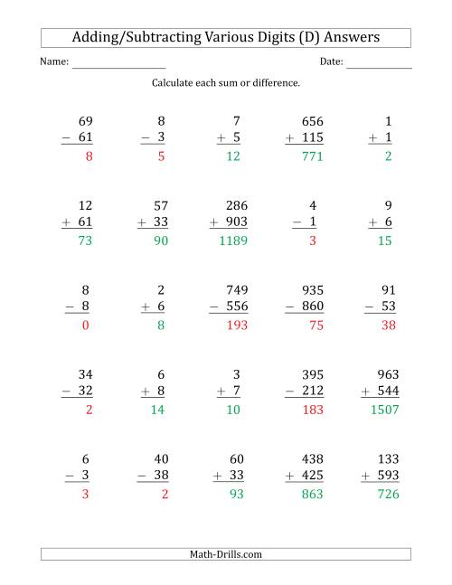 The Various 1-Digit Plus/Minus 1-Digit to 3-Digit Plus/Minus 3-Digit Addition and Subtraction with SOME Regrouping (D) Math Worksheet Page 2