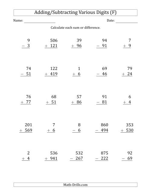 The Various 1-Digit Plus/Minus 1-Digit to 3-Digit Plus/Minus 3-Digit Addition and Subtraction with SOME Regrouping (F) Math Worksheet