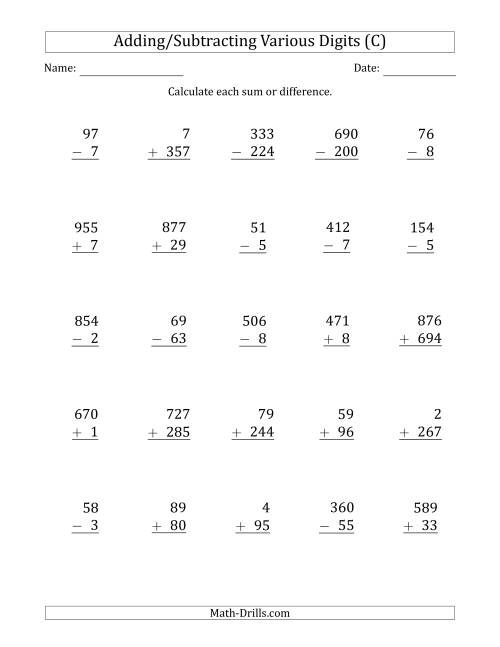 The Various 1-Digit to 3-Digit Addition and Subtraction with SOME Regrouping (C) Math Worksheet