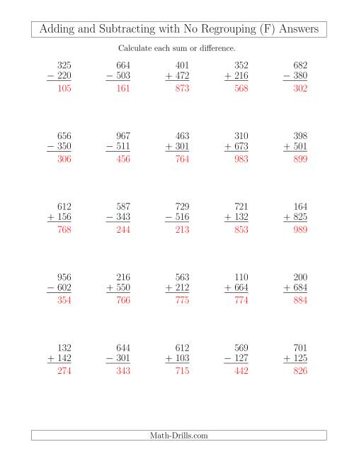 mixed addition and subtraction of three digit numbers with no