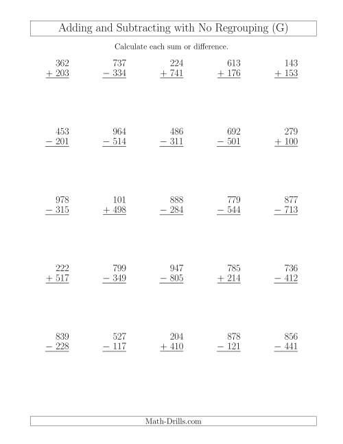 The Mixed Addition and Subtraction of Three-Digit Numbers with No Regrouping (G) Math Worksheet