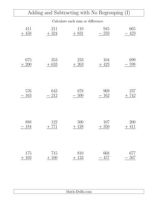 The Mixed Addition and Subtraction of Three-Digit Numbers with No Regrouping (I) Math Worksheet