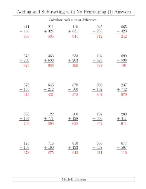 mixed addition and subtraction of three digit numbers with no