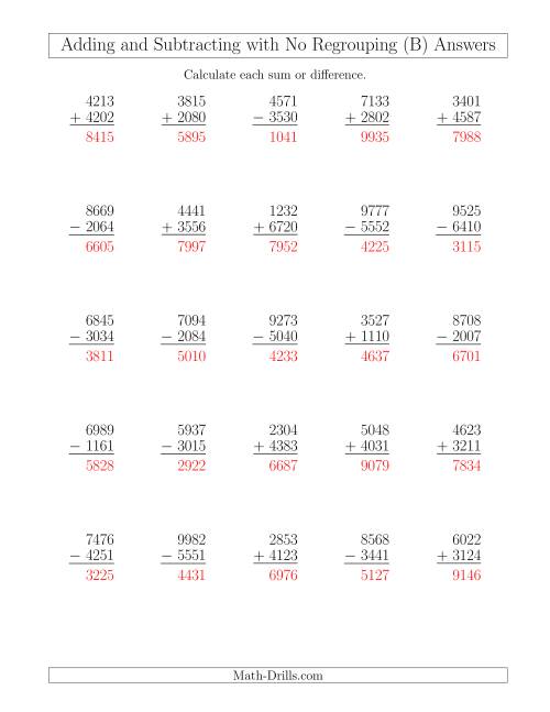 mixed addition and subtraction of four digit numbers with no regrouping b