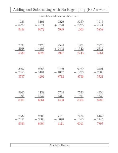 mixed addition and subtraction of four digit numbers with no regrouping f