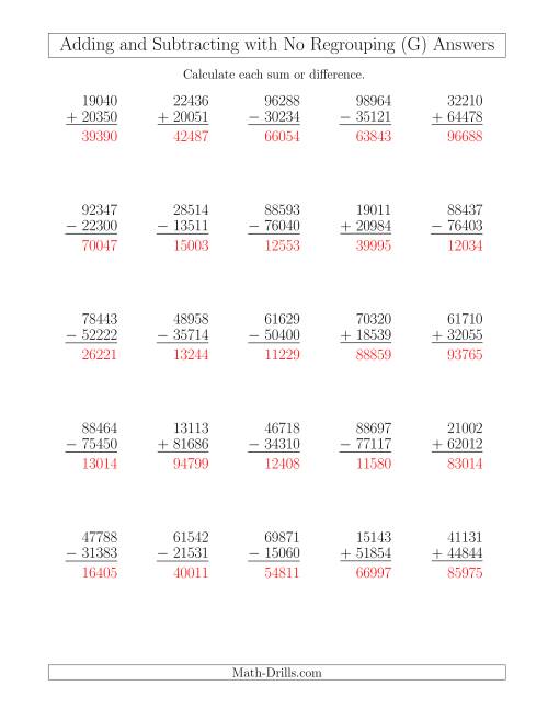 The Mixed Addition and Subtraction of Five-Digit Numbers with No Regrouping (G) Math Worksheet Page 2