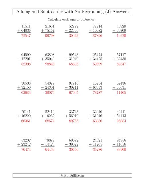 mixed addition and subtraction of five digit numbers with no regrouping j