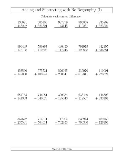 The Mixed Addition and Subtraction of Six-Digit Numbers with No Regrouping (I) Math Worksheet