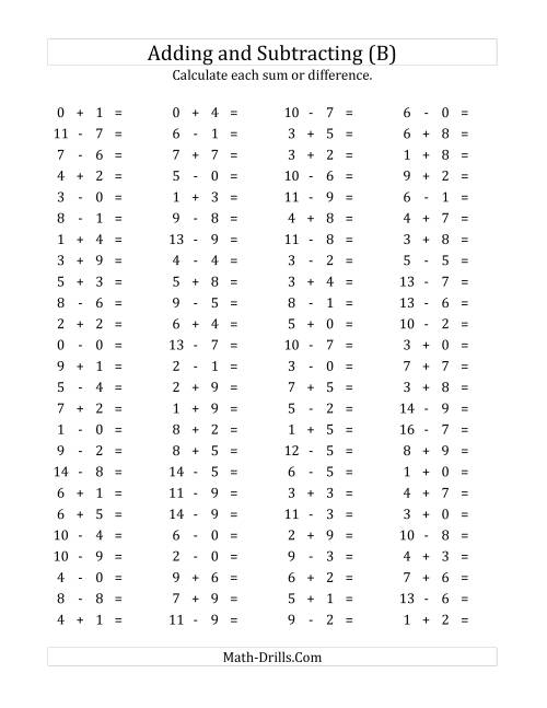 The 100 Horizontal Addition/Subtraction Questions (Facts 0 to 9) (B) Math Worksheet