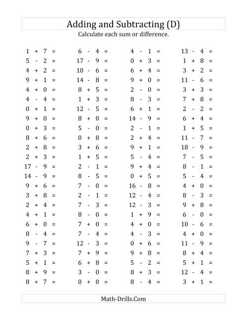 The 100 Horizontal Addition/Subtraction Questions (Facts 0 to 9) (D) Math Worksheet