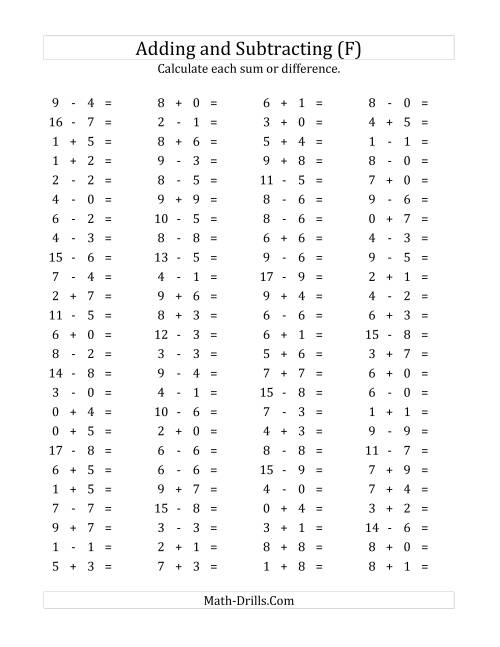 The 100 Horizontal Addition/Subtraction Questions (Facts 0 to 9) (F) Math Worksheet