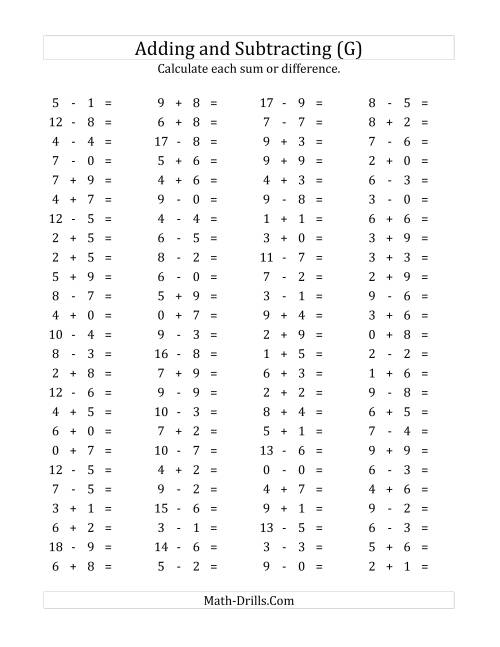 The 100 Horizontal Addition/Subtraction Questions (Facts 0 to 9) (G) Math Worksheet