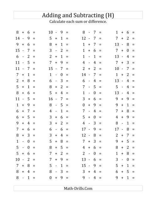 The 100 Horizontal Addition/Subtraction Questions (Facts 0 to 9) (H) Math Worksheet