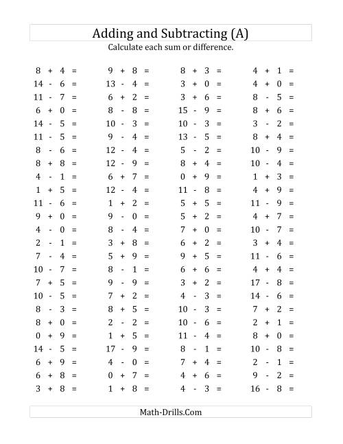 The 100 Horizontal Addition/Subtraction Questions (Facts 0 to 9) (All) Math Worksheet