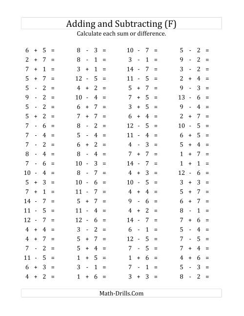The 100 Horizontal Addition/Subtraction Questions (Facts 1 to 7) (F) Math Worksheet