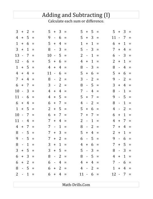 The 100 Horizontal Addition/Subtraction Questions (Facts 1 to 7) (I) Math Worksheet