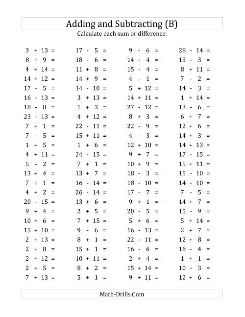 The 100 Horizontal Addition/Subtraction Questions (Facts 1 to 15) (B) Math Worksheet