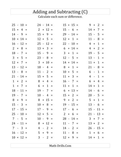 The 100 Horizontal Addition/Subtraction Questions (Facts 1 to 15) (C) Math Worksheet