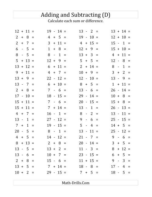 The 100 Horizontal Addition/Subtraction Questions (Facts 1 to 15) (D) Math Worksheet