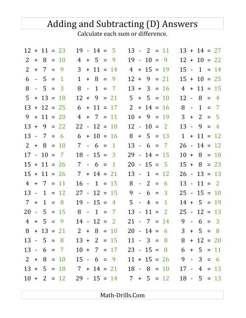 The 100 Horizontal Addition/Subtraction Questions (Facts 1 to 15) (D) Math Worksheet Page 2