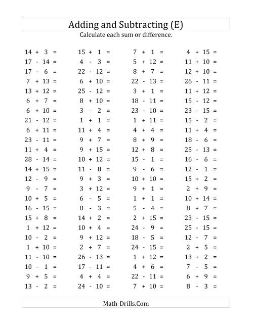 The 100 Horizontal Addition/Subtraction Questions (Facts 1 to 15) (E) Math Worksheet