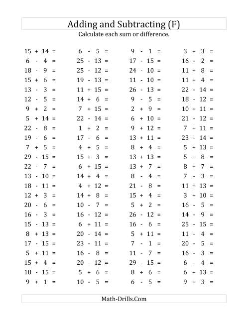 The 100 Horizontal Addition/Subtraction Questions (Facts 1 to 15) (F) Math Worksheet