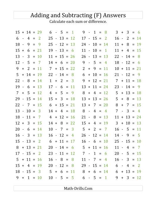The 100 Horizontal Addition/Subtraction Questions (Facts 1 to 15) (F) Math Worksheet Page 2
