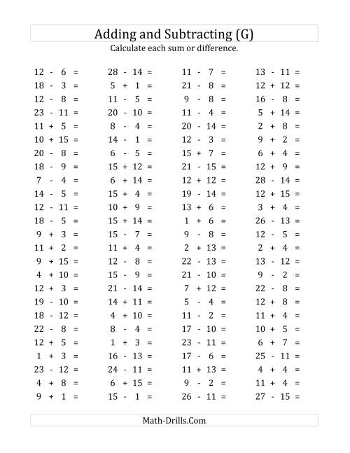 The 100 Horizontal Addition/Subtraction Questions (Facts 1 to 15) (G) Math Worksheet