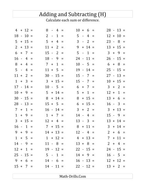 The 100 Horizontal Addition/Subtraction Questions (Facts 1 to 15) (H) Math Worksheet