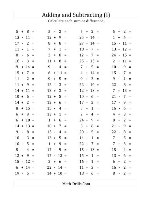 The 100 Horizontal Addition/Subtraction Questions (Facts 1 to 15) (I) Math Worksheet