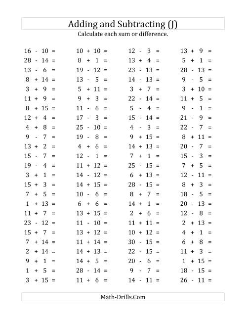 The 100 Horizontal Addition/Subtraction Questions (Facts 1 to 15) (J) Math Worksheet
