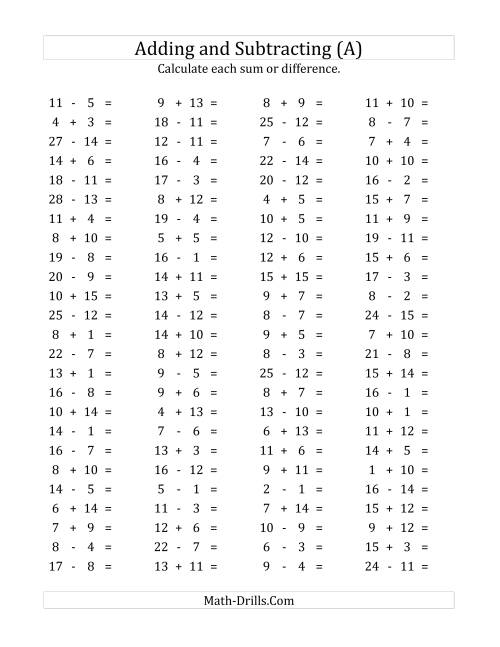 The 100 Horizontal Addition/Subtraction Questions (Facts 1 to 15) (All) Math Worksheet