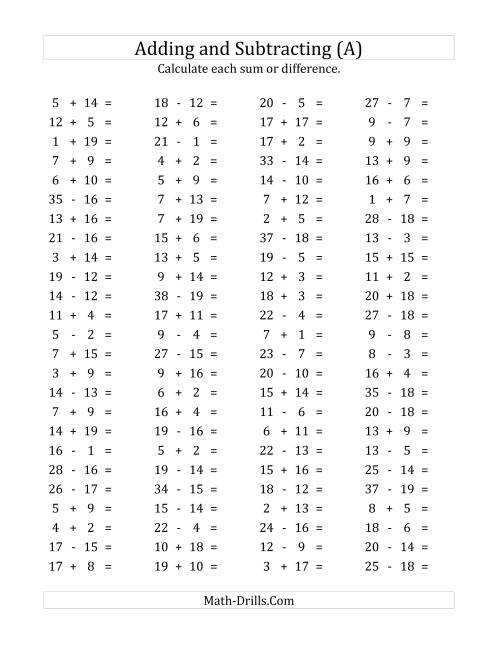 The 100 Horizontal Addition/Subtraction Questions (Facts 1 to 20) (A) Math Worksheet