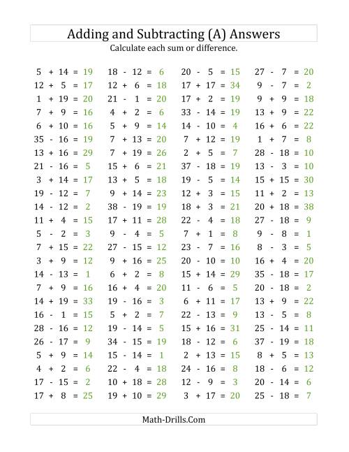 The 100 Horizontal Addition/Subtraction Questions (Facts 1 to 20) (A) Math Worksheet Page 2