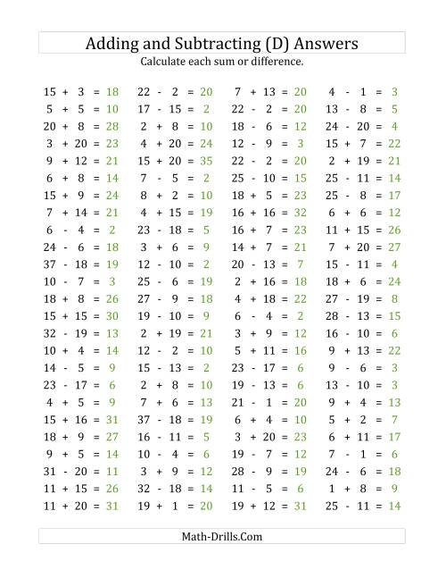 The 100 Horizontal Addition/Subtraction Questions (Facts 1 to 20) (D) Math Worksheet Page 2