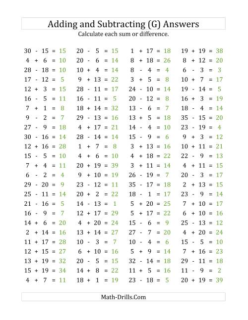 The 100 Horizontal Addition/Subtraction Questions (Facts 1 to 20) (G) Math Worksheet Page 2