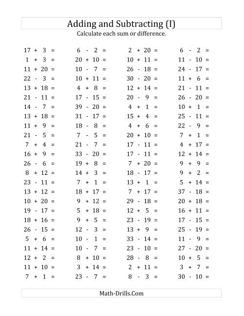 The 100 Horizontal Addition/Subtraction Questions (Facts 1 to 20) (I) Math Worksheet