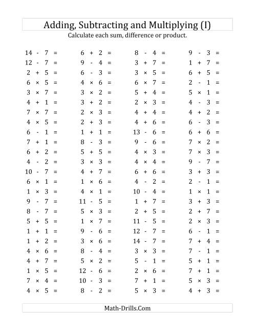 The 100 Horizontal Addition/Subtraction/Multiplication Questions (Facts 1 to 7) (I) Math Worksheet